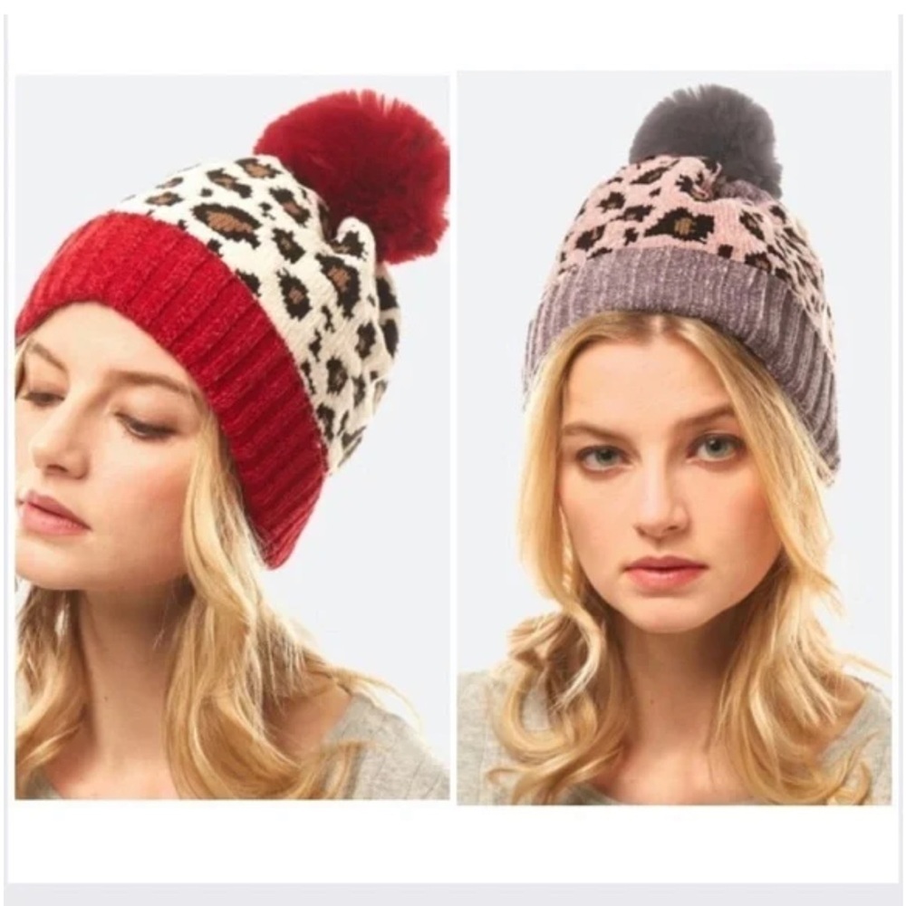 Chenille Knit Leopard Print Pom Beanie - Picture 4 of 4
